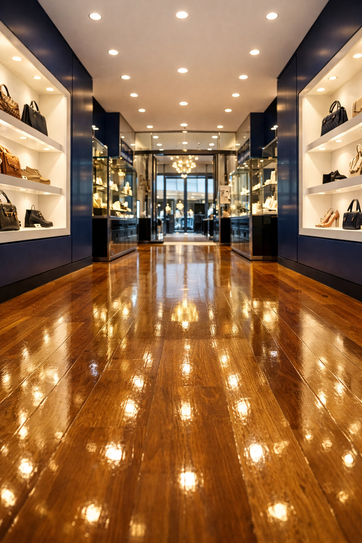 Polished hardwood floors and spotless glass displays in a high-end retail boutique in Bellingham, MA.