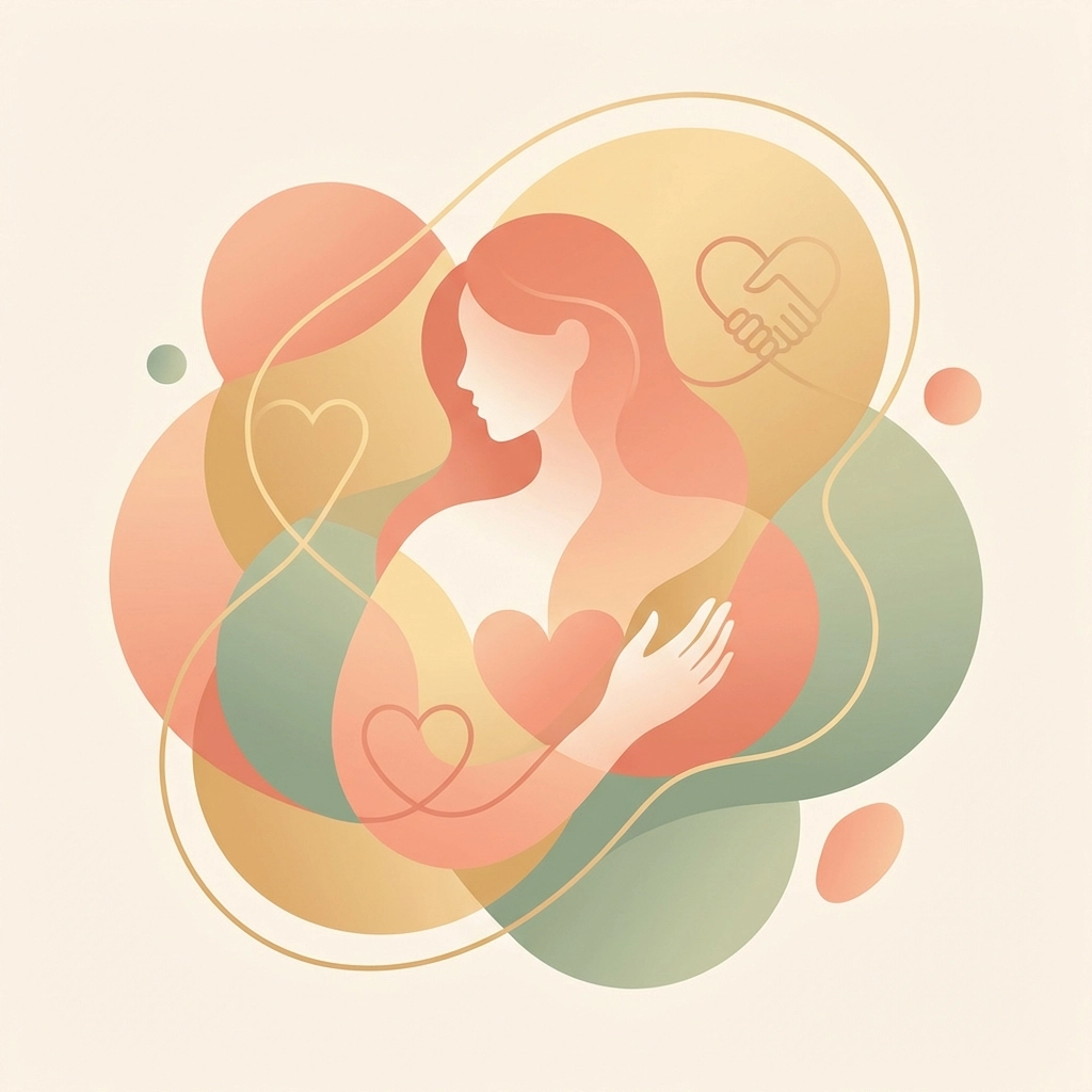Illustration showing emotional support and readiness for surrogacy, with soft shapes and calming colors representing wellness.