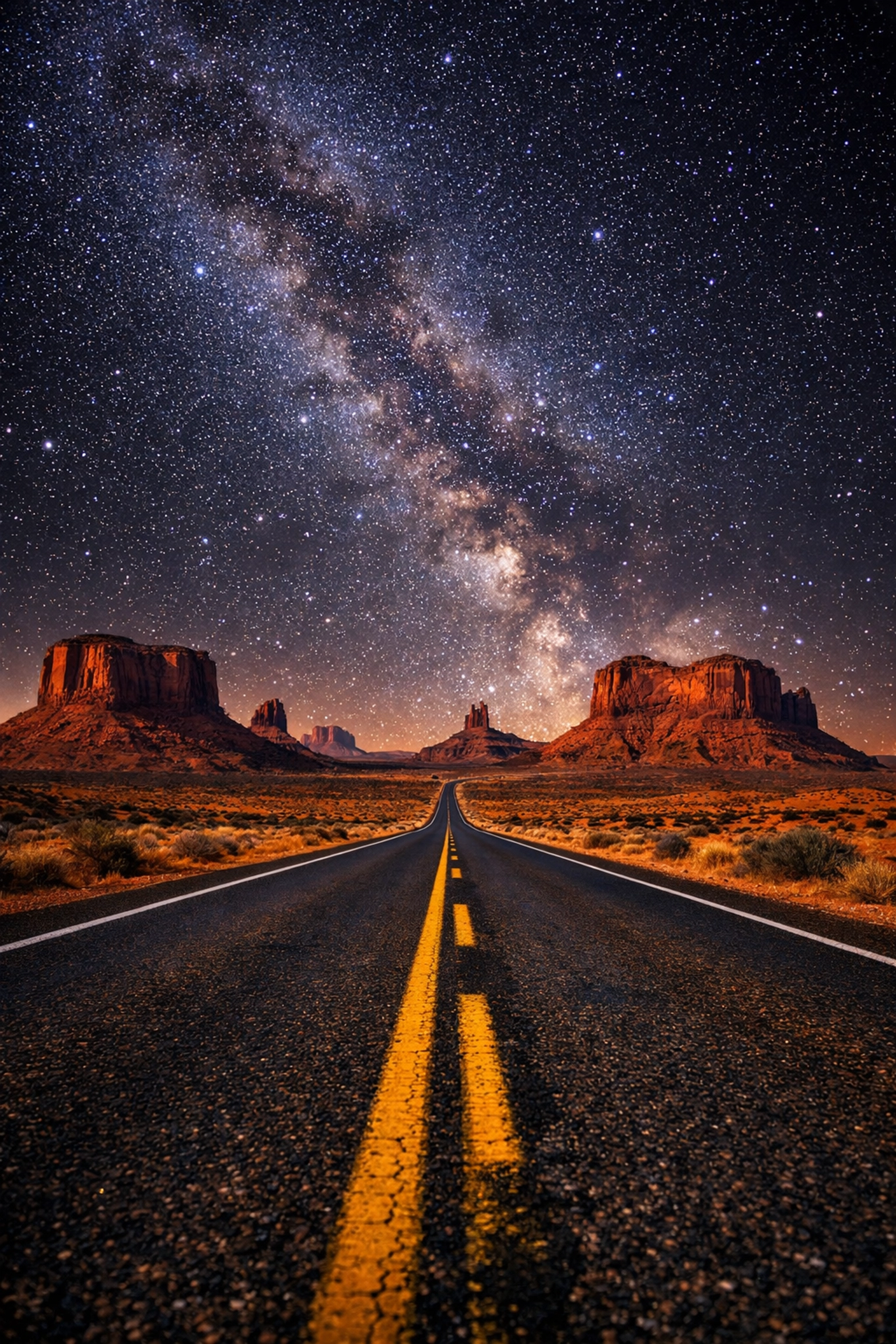 Desert road leading to mountains under stars, showing leading lines in landscape photography.