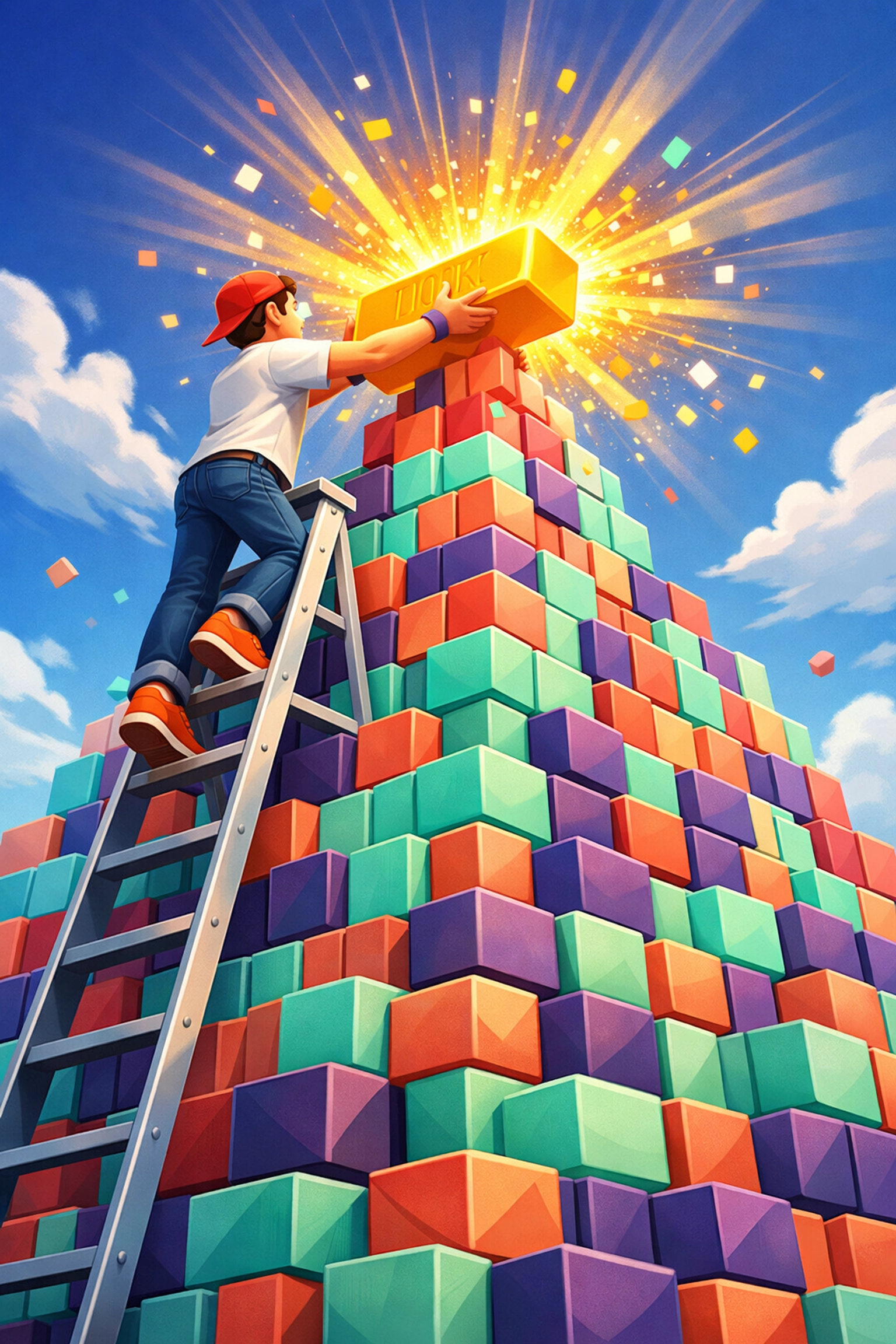 Building mastery through small tasks, illustrated by placing a glowing block onto a large pyramid of knowledge.