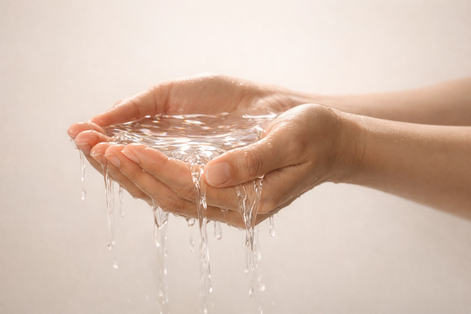Humble cupped hands overflowing with pure water, representing spiritual refreshment and God’s abundant grace.