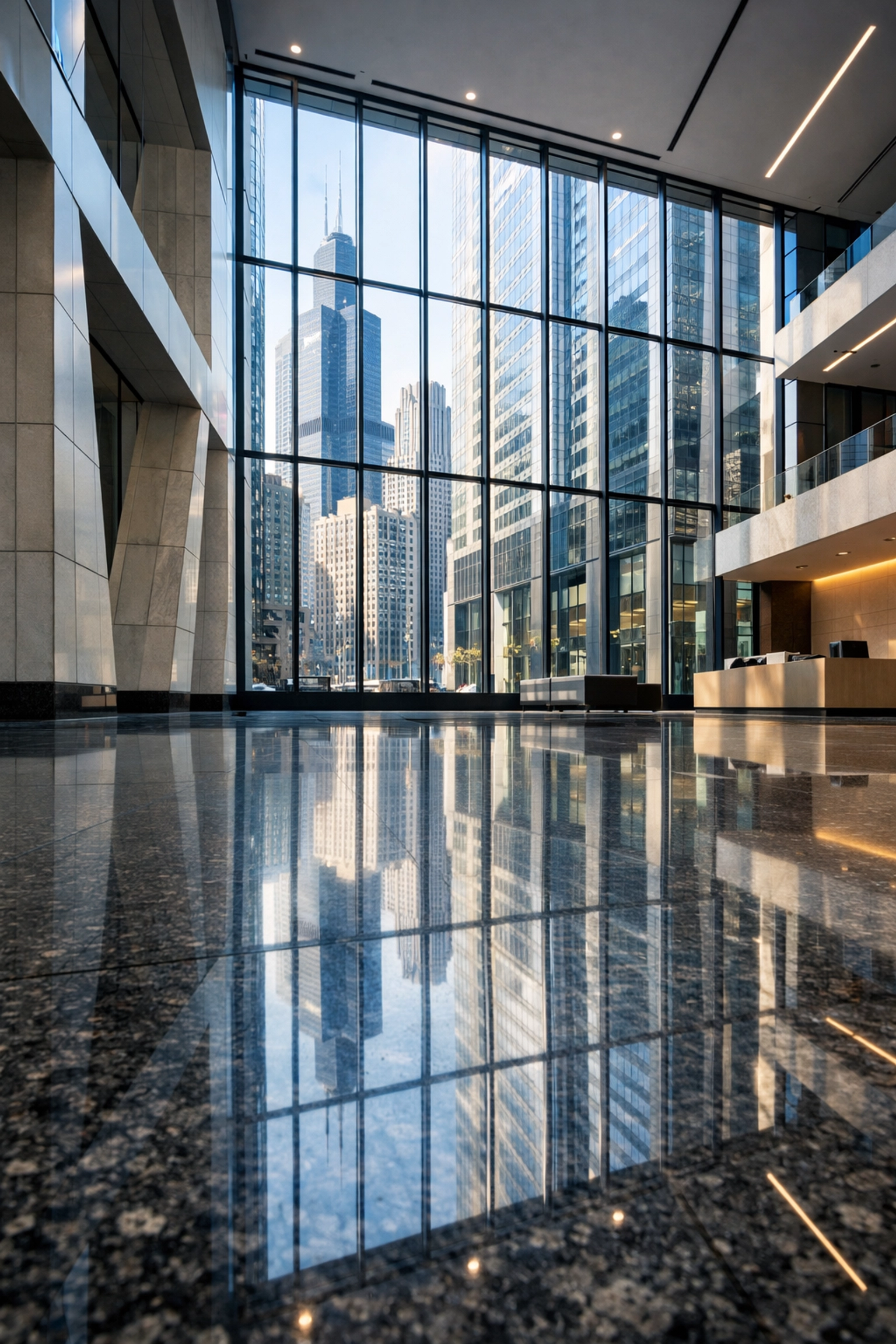 Polished modern commercial lobby in a Chicago skyscraper reflecting clean professional maintenance.