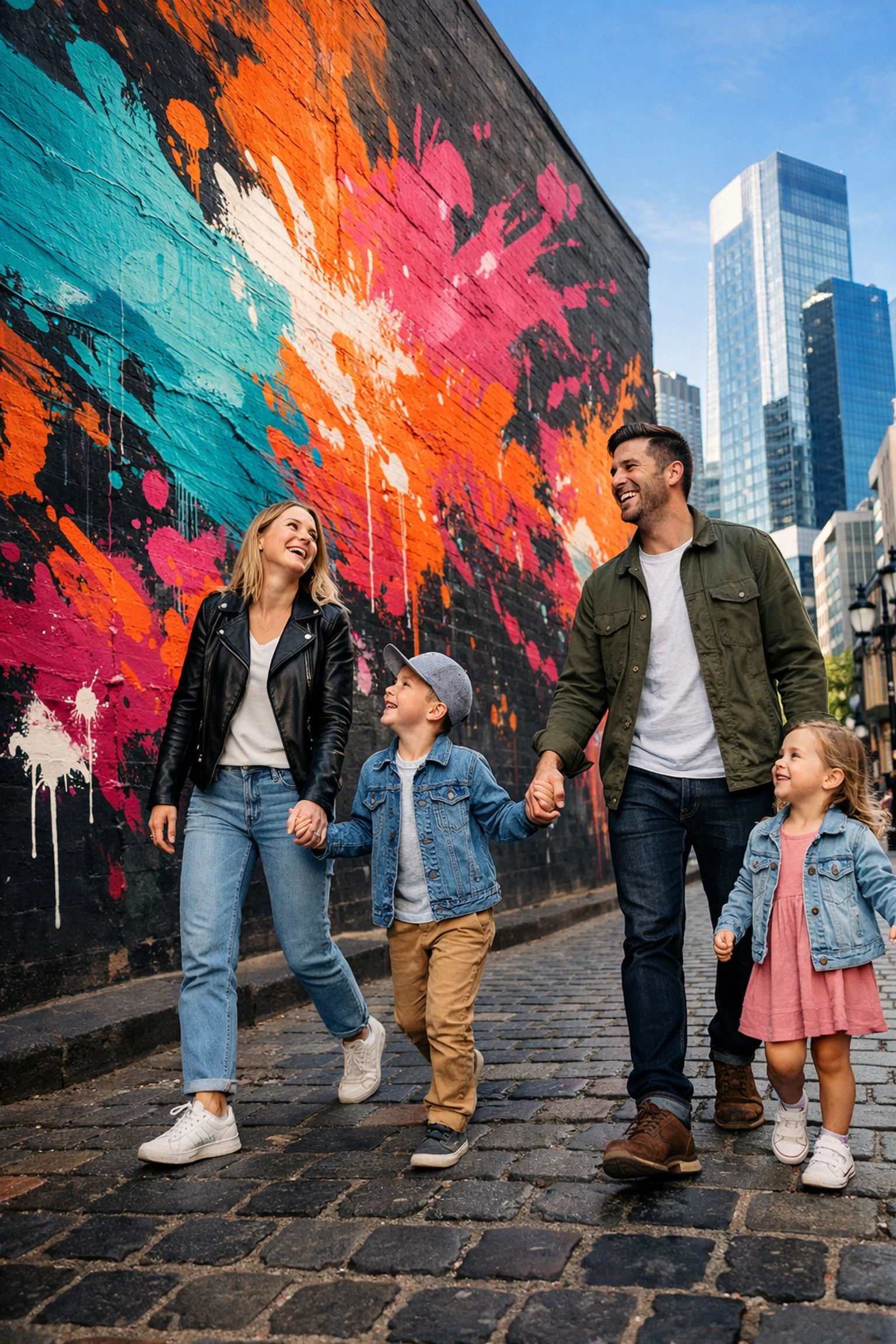 The Ultimate Guide to Family Travel Activities: Everything You Need to Succeed at Finding the Best Photo Spots 2 A happy family walking past a vibrant urban street art mural during a city vacation.