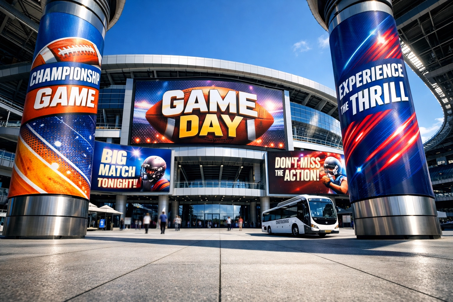 Environmental brand dominance at a stadium entrance using multi-format digital banners and architectural wraps.