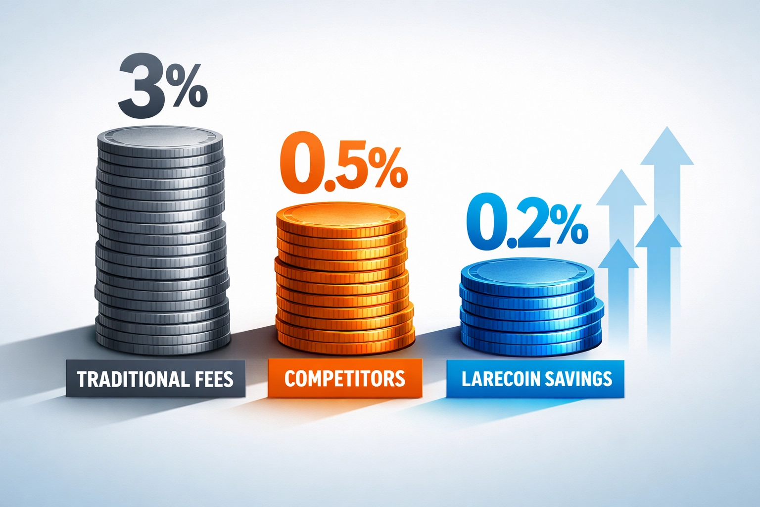 Fee comparison: traditional 3% vs competitor 0.5% vs Larecoin 0.2% merchant savings