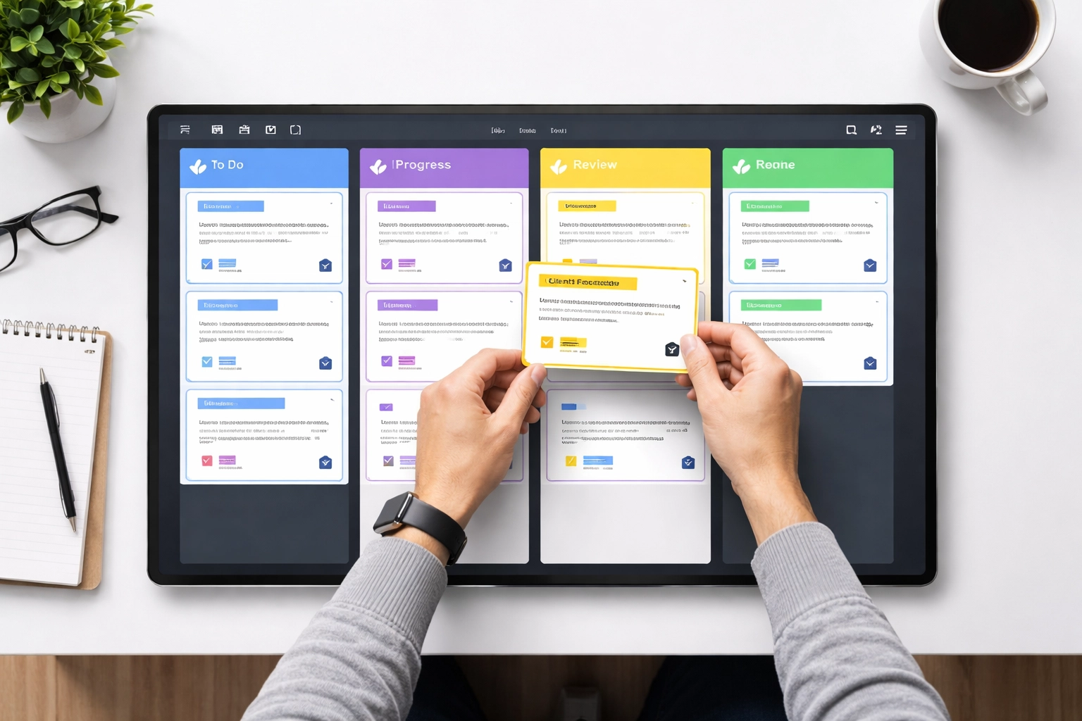 Modern workspace featuring a card-based HR dashboard for ServiceNow workflow efficiency.
