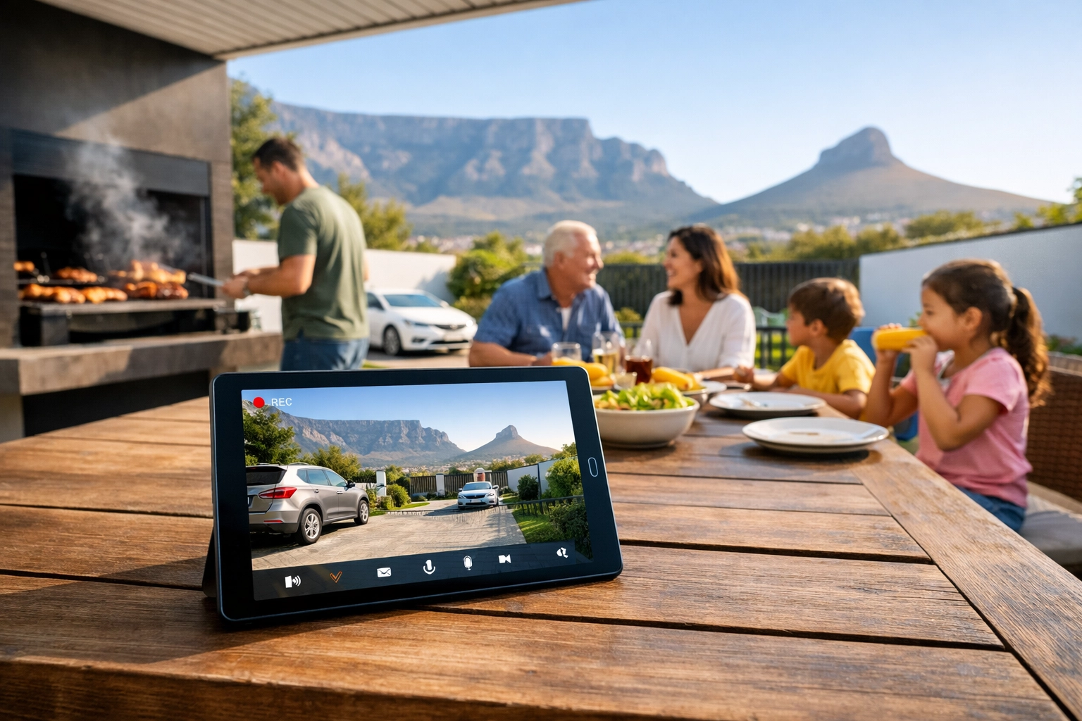 Tablet displaying a security camera feed at a Cape Town family braai, powered by reliable outdoor WiFi.