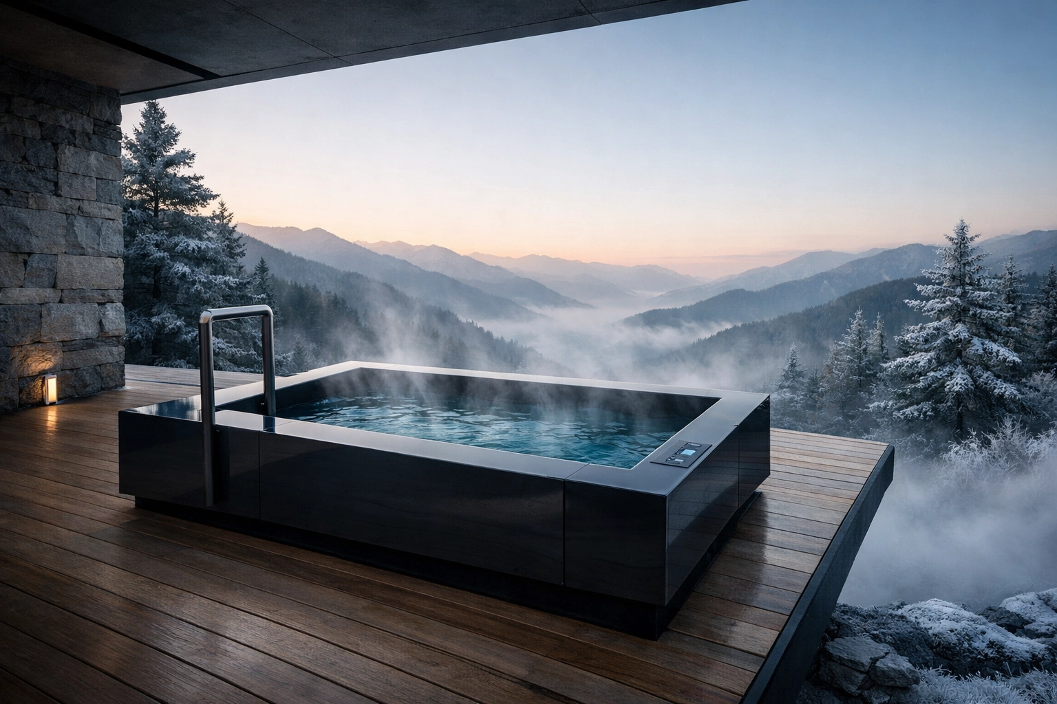 A modern outdoor cold plunge tub setup for building resilience and nervous system health at dawn.