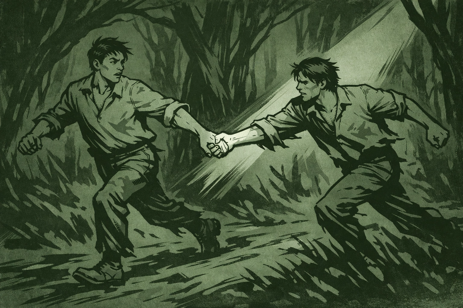 Two men flee through forest holding hands in suspenseful MM Underground Railroad escape story