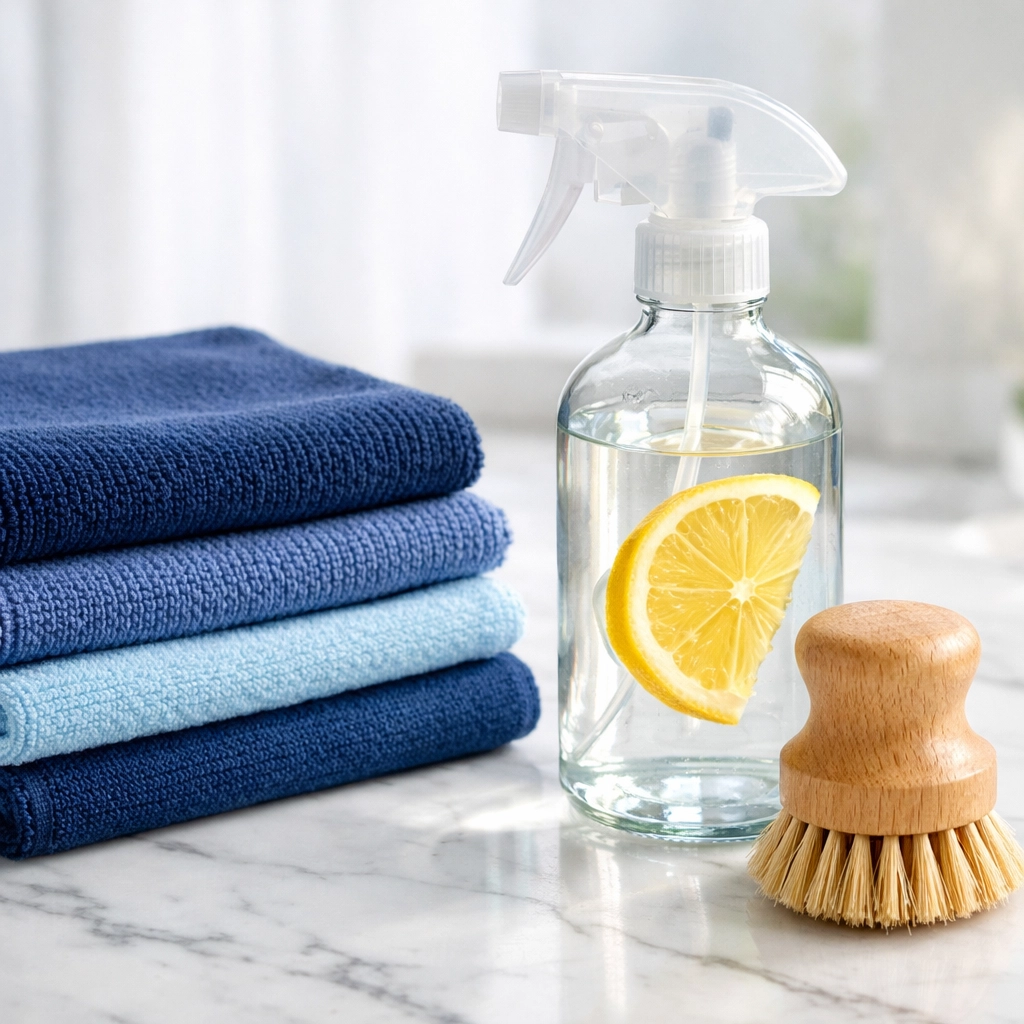 Natural cleaning essentials like lemon-infused spray and microfiber towels on marble.