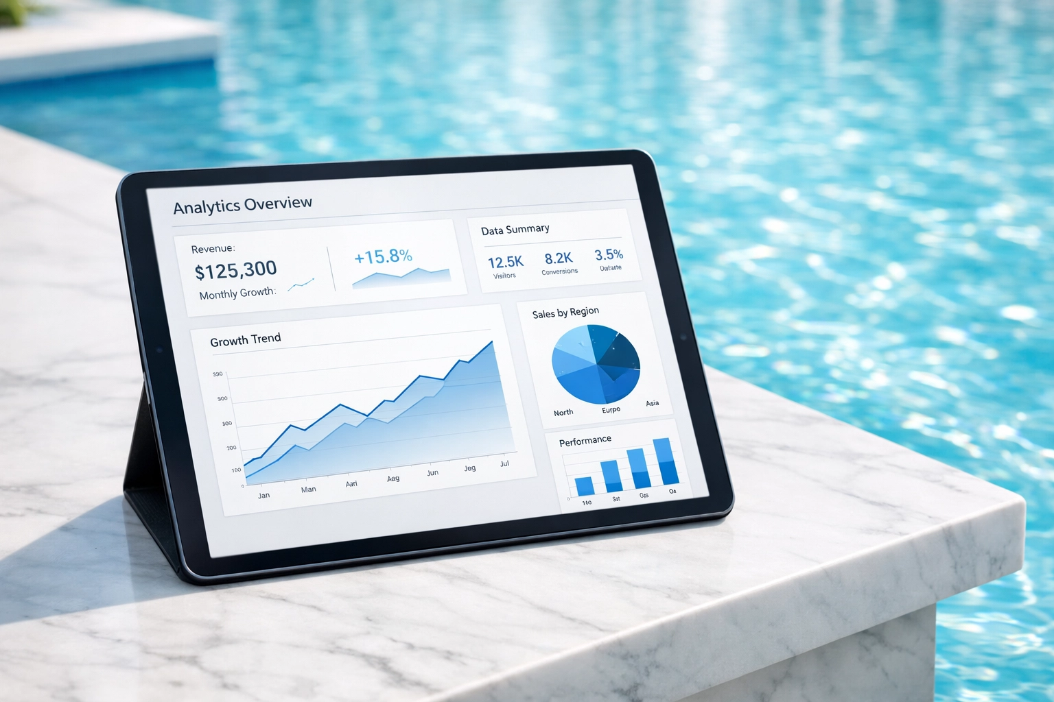 Tablet showing digital business analytics for a professional pool route valuation by a pool.