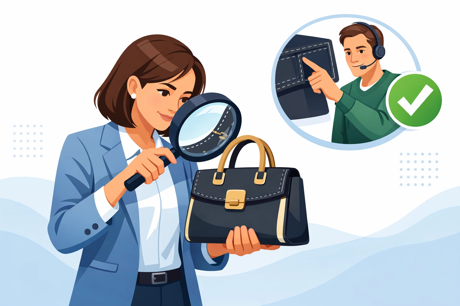 Expert verifying a designer bag by checking stitching to spot high-end superfakes.