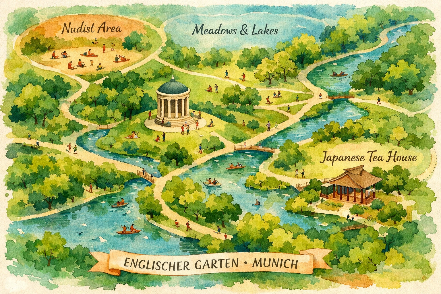 Map view of Englischer Garten's designated nudist zones in Munich