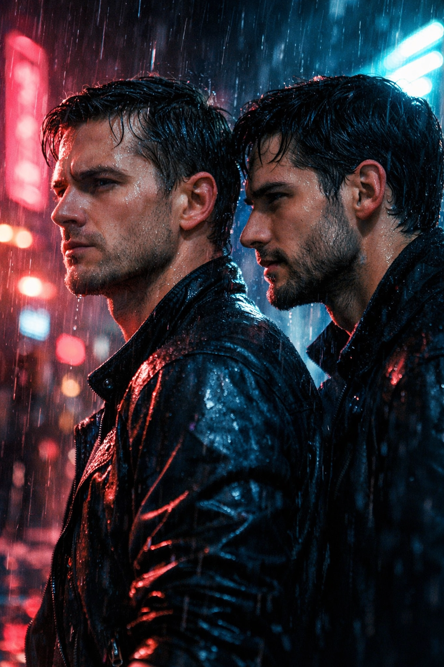 Two men in a moody city setting illustrating the enemies to lovers MM romance trope.