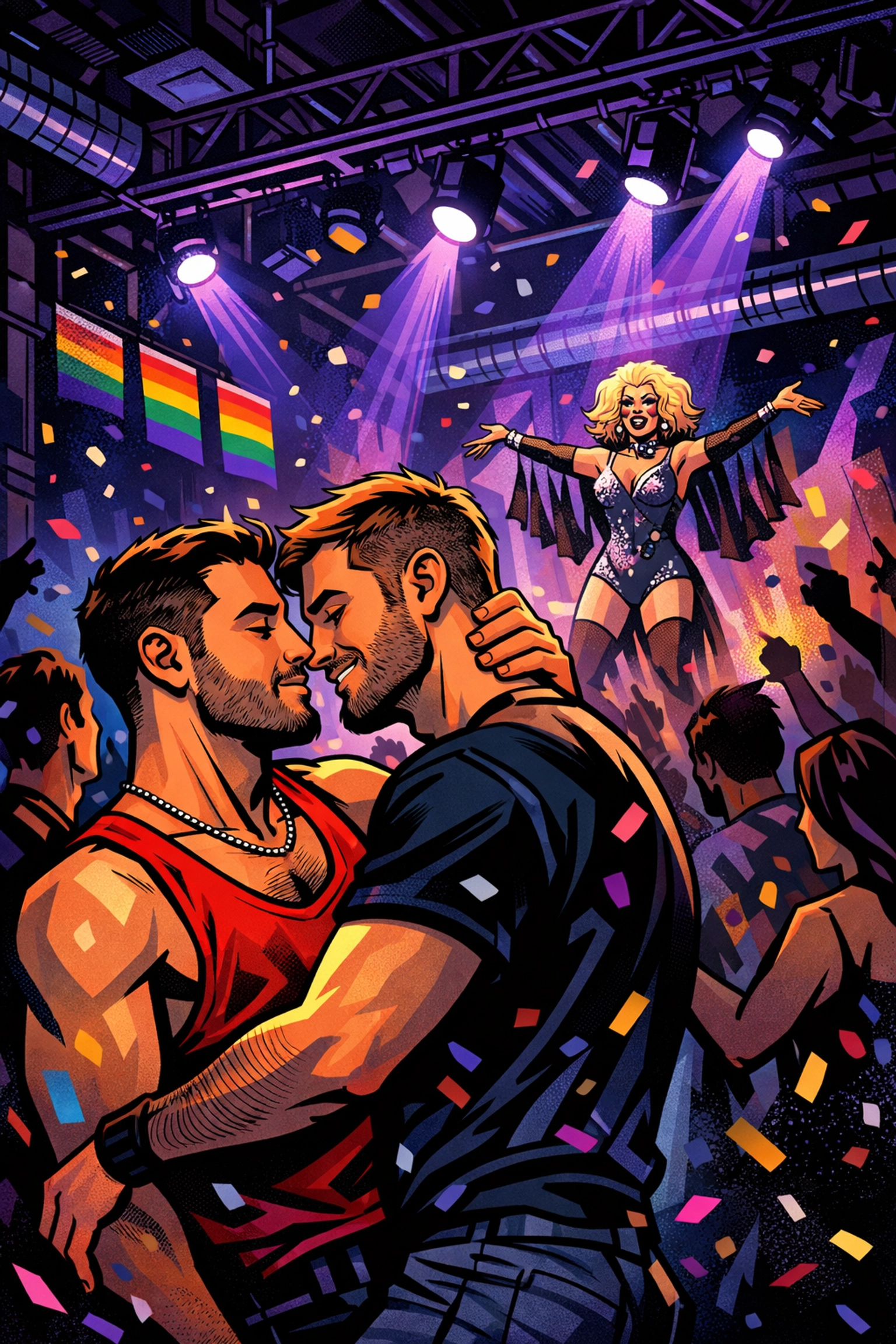 Athens gay club nightlife with dancing men and drag performer on stage