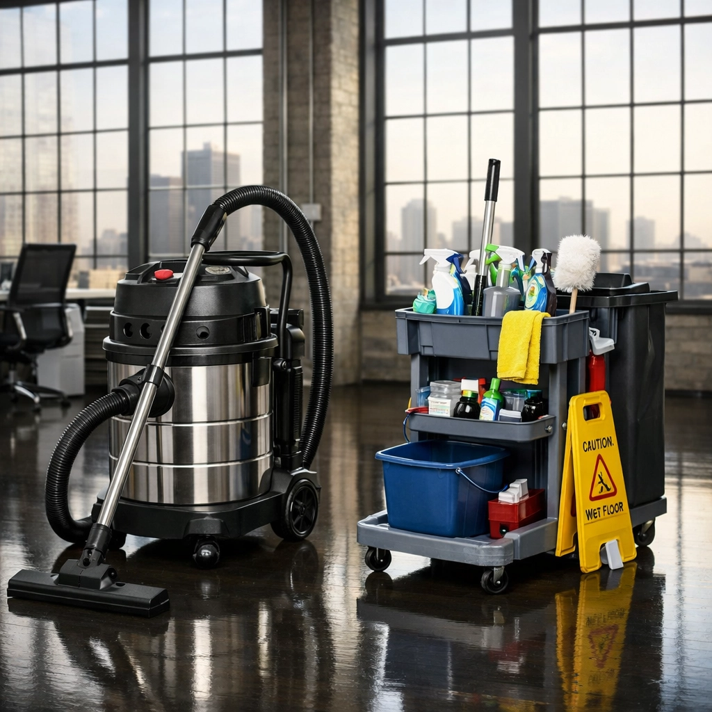 Professional cleaning equipment on a polished dark hardwood floor in a pristine Detroit office turnover.