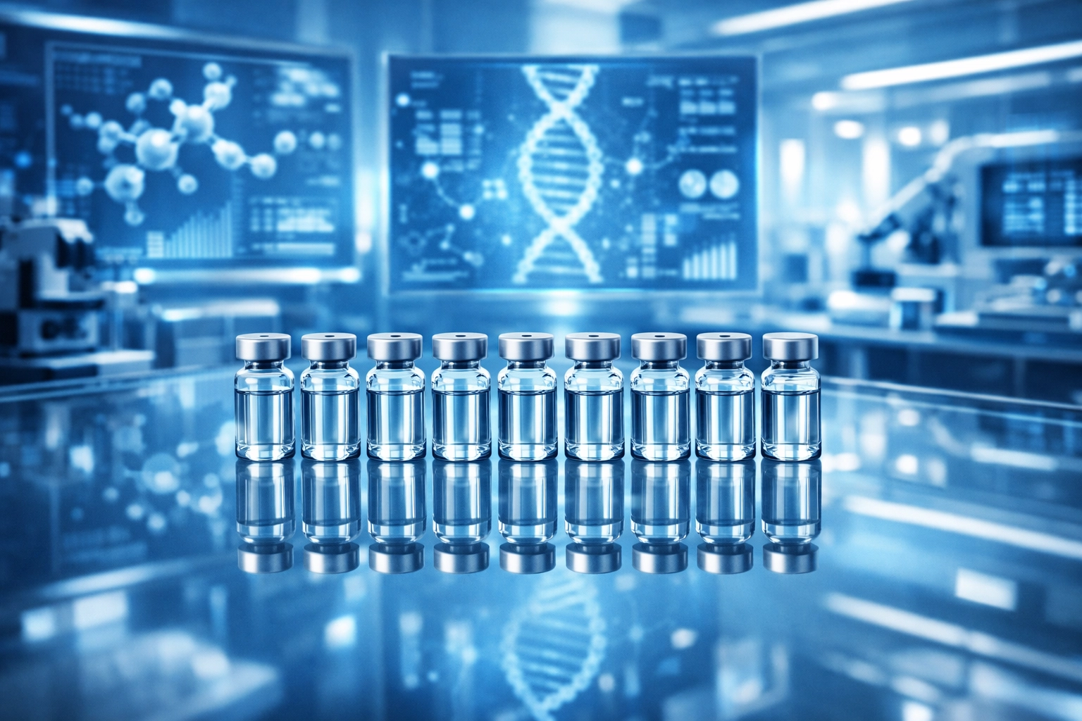 Clinical laboratory setting with pharmaceutical vials for reclassified peptide therapy protocols.