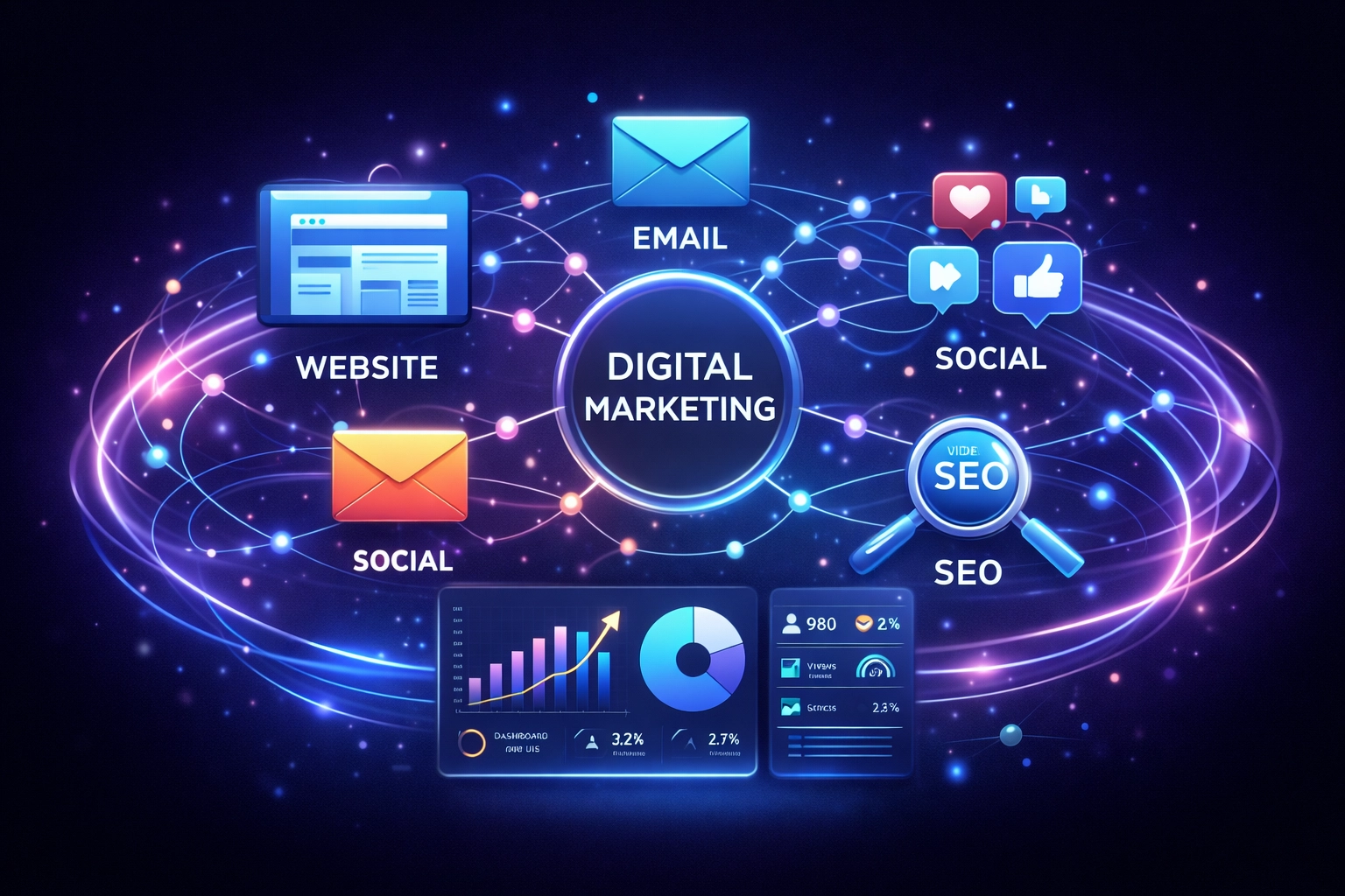 Simon Leung personal brand ecosystem with connected digital marketing tools (no faces)