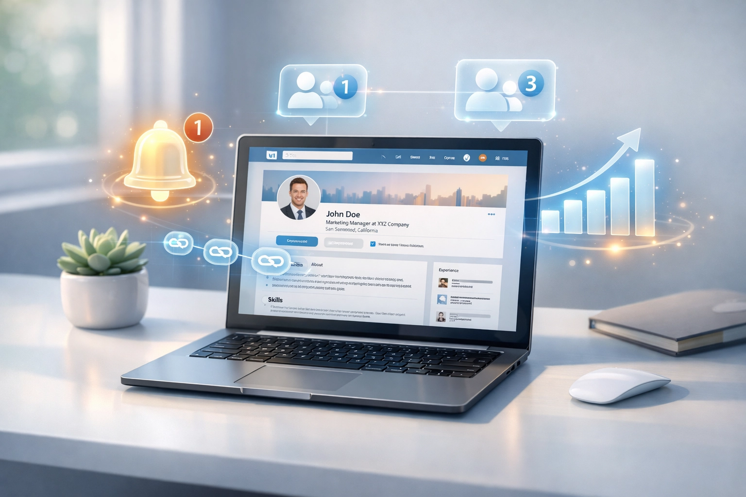 Optimized LinkedIn profile displaying career growth metrics and networking opportunities