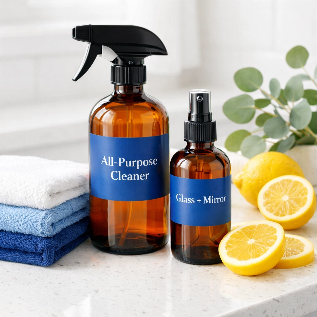 Eco-friendly house cleaning Cambridge MA supplies including plant-based sprays and microfiber cloths.