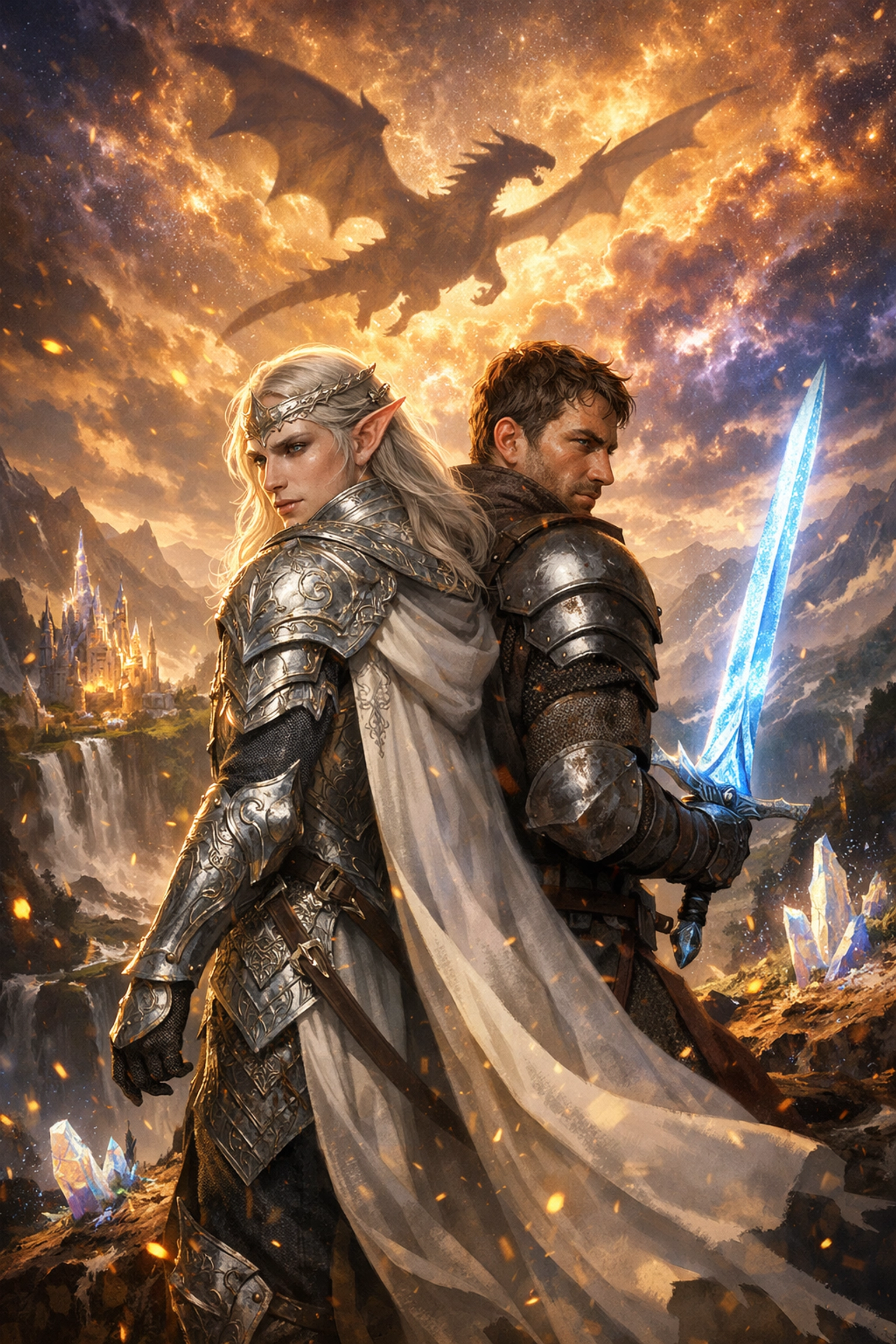 A prince and knight in an epic gay fantasy romance scene with a dragon soaring in the magical sky.