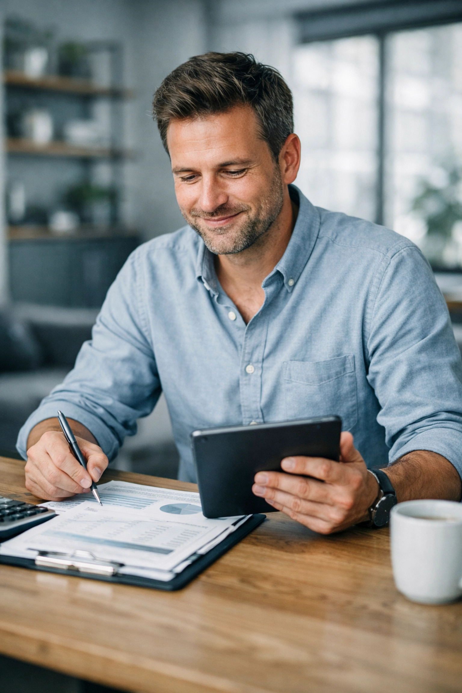 Self-employed business owner reviewing financial planning documents for a business loan application.
