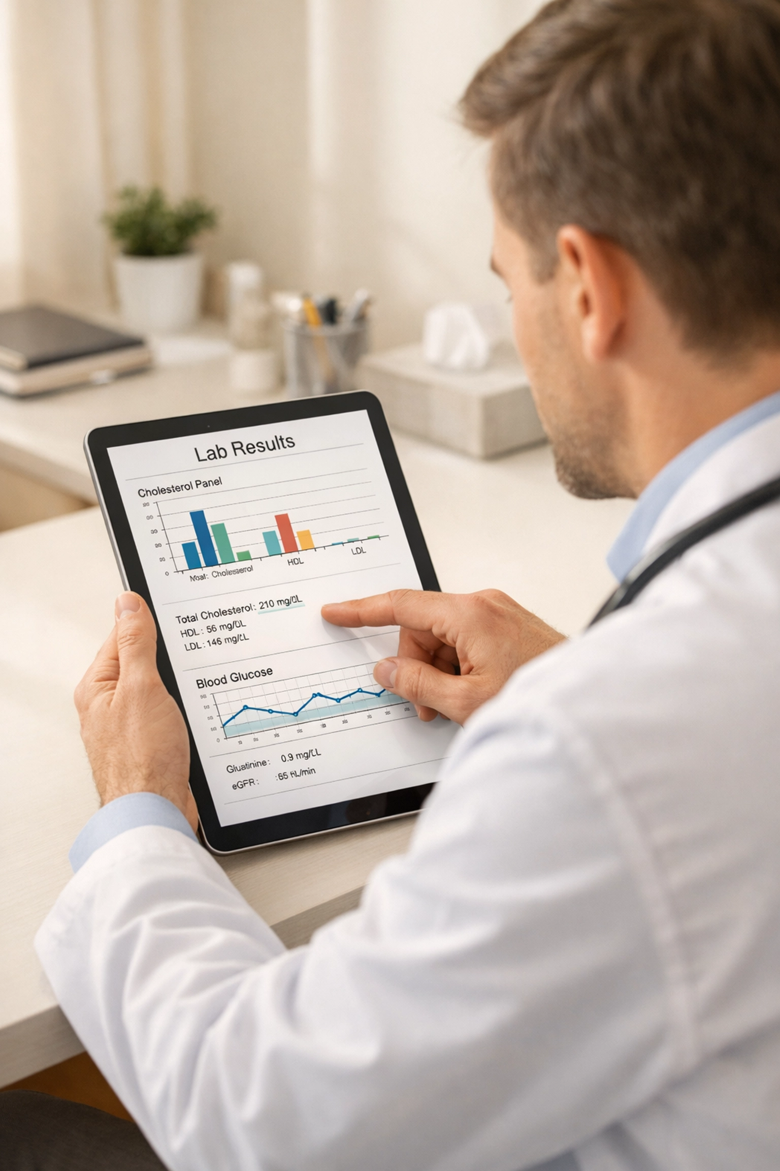 Licensed medical provider reviewing diagnostic lab results for personalized peptide therapy