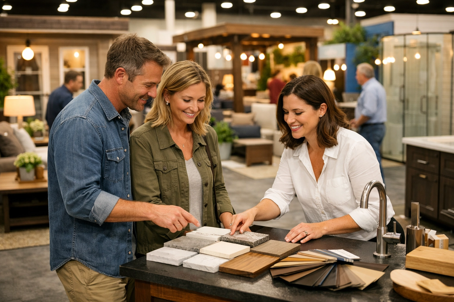 Indoor home show with home improvement booths and a couple looking at samples
