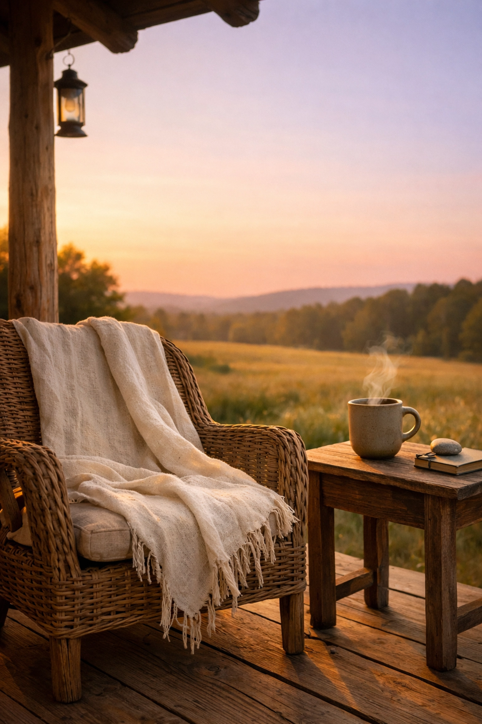 A serene sunset view from a porch, reflecting the compassion and peace found in The Chiron Effect.