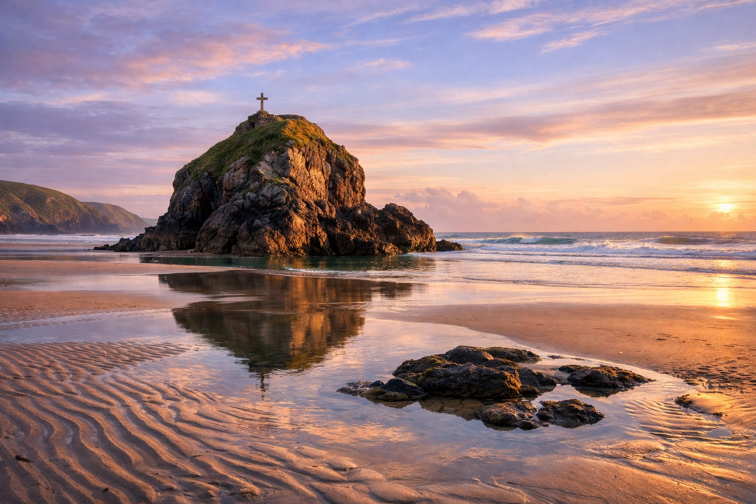 Sunrise at Perranporth Beach showing Chapel Rock, an ideal serene spot for scattering ashes in Cornwall.