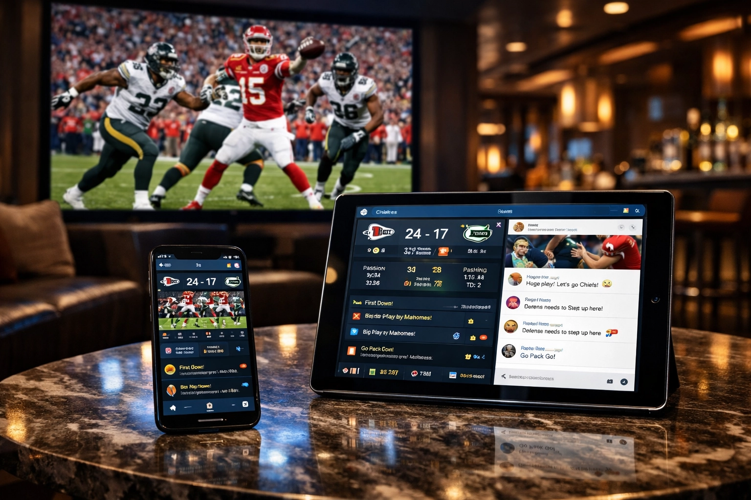 Super Bowl viewers using smartphones and tablets as second screens while watching a football game on TV.