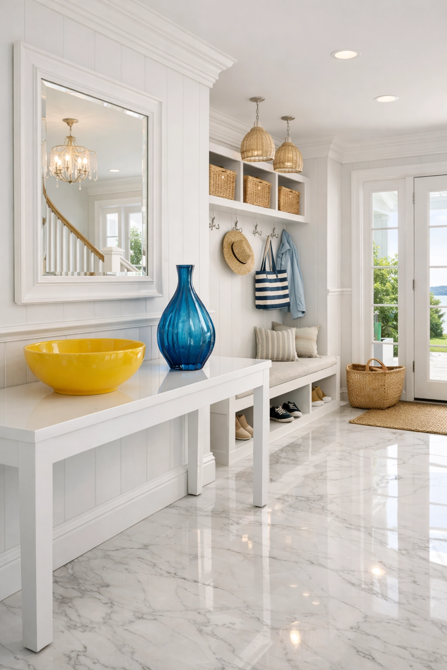 Luxury Hingham estate mudroom with spotless marble floors and high-end residential cleaning details.