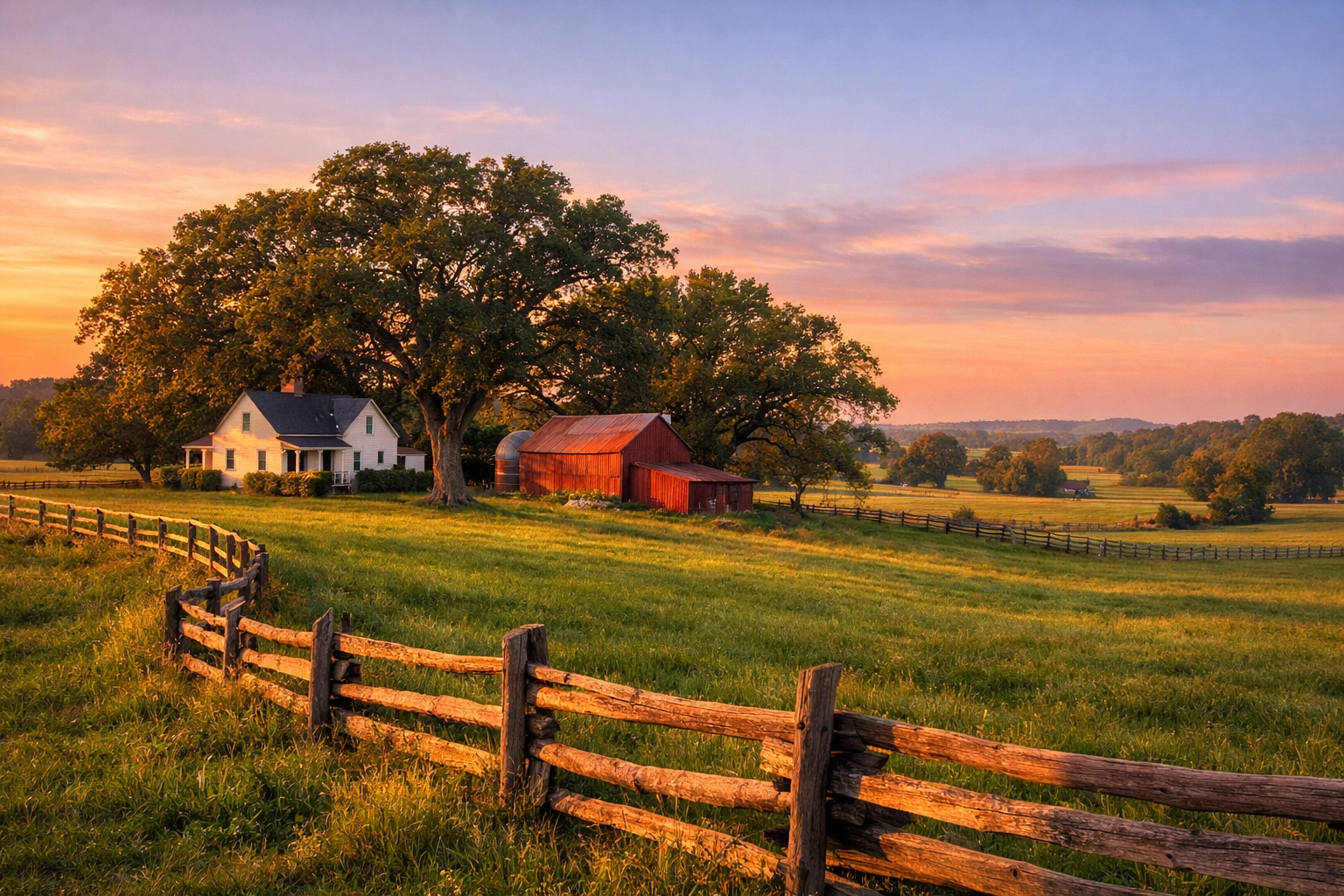 Preserved Prince William County farmland and farmhouse under the PDR land conservation program.