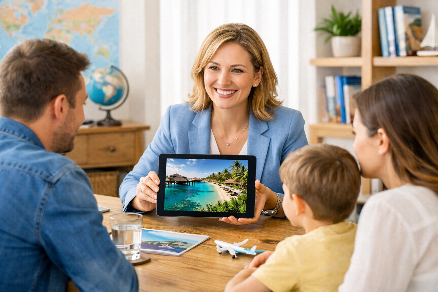 Personal travel consultant Sarah Williams showing a family a custom tropical holiday on a tablet.