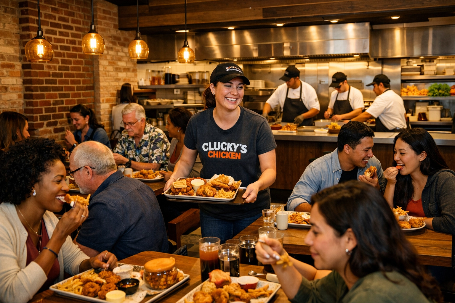 Customers dining in upscale fast-casual chicken restaurant with open kitchen and premium service