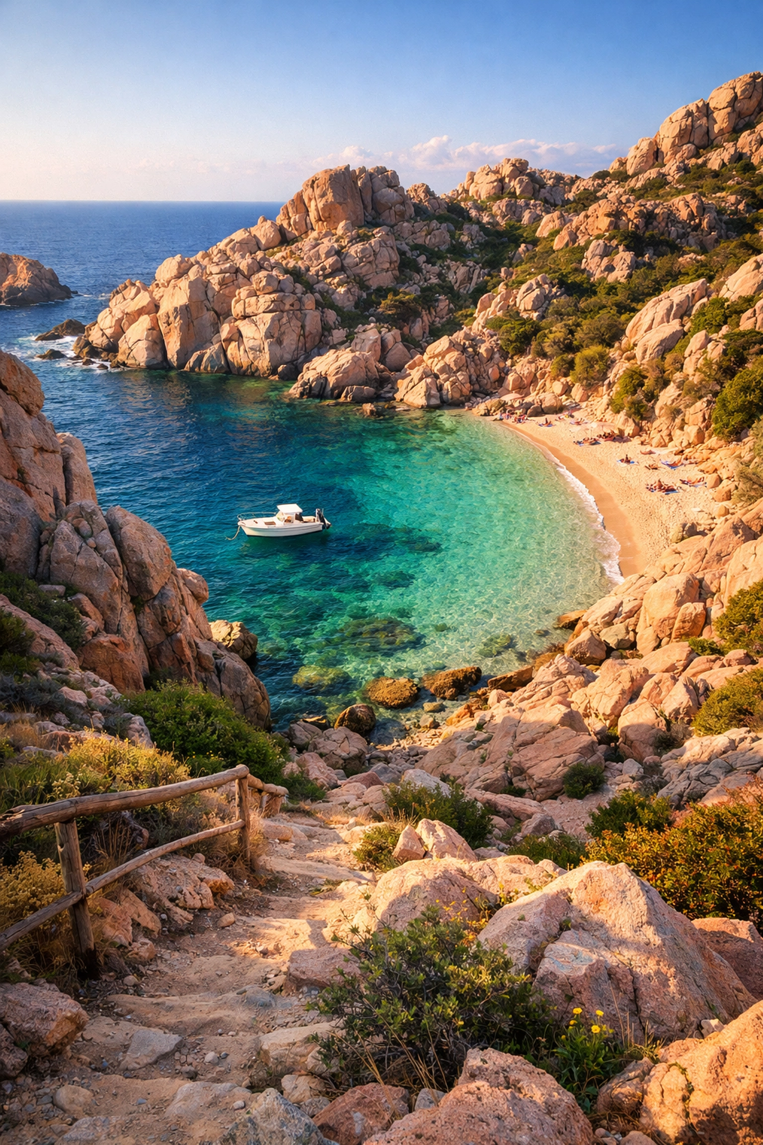 Secluded Sardinia cove with granite rocks and emerald water framed by coastal cliffs