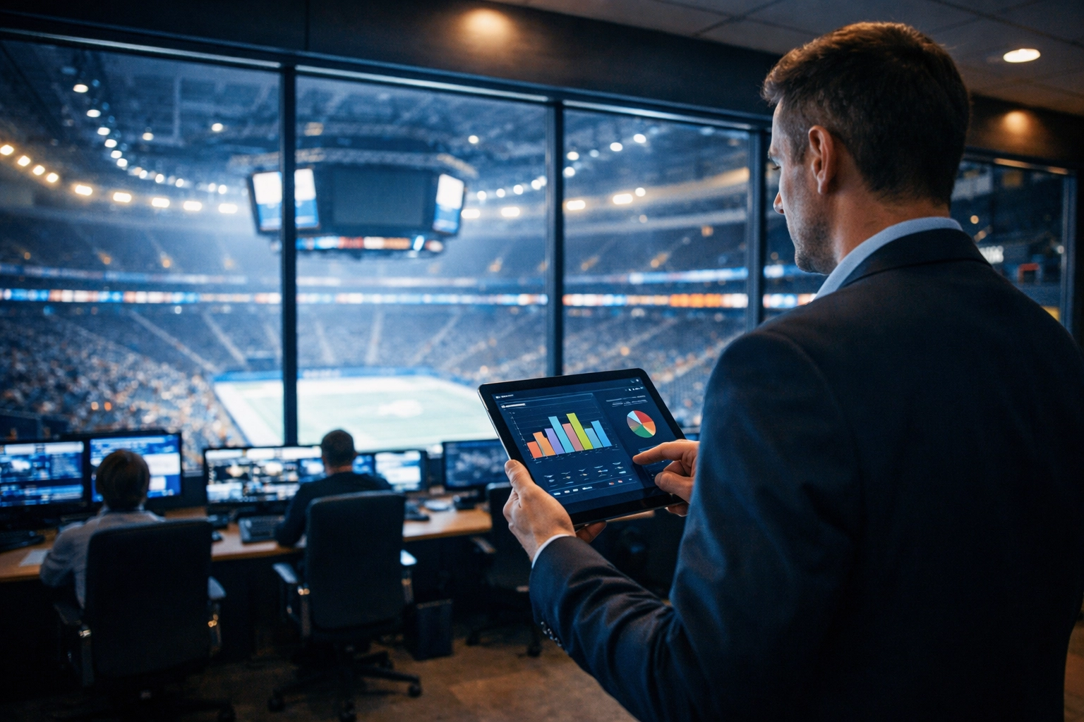 Venue manager in a stadium operations center using a digital dashboard to optimize operational efficiency.