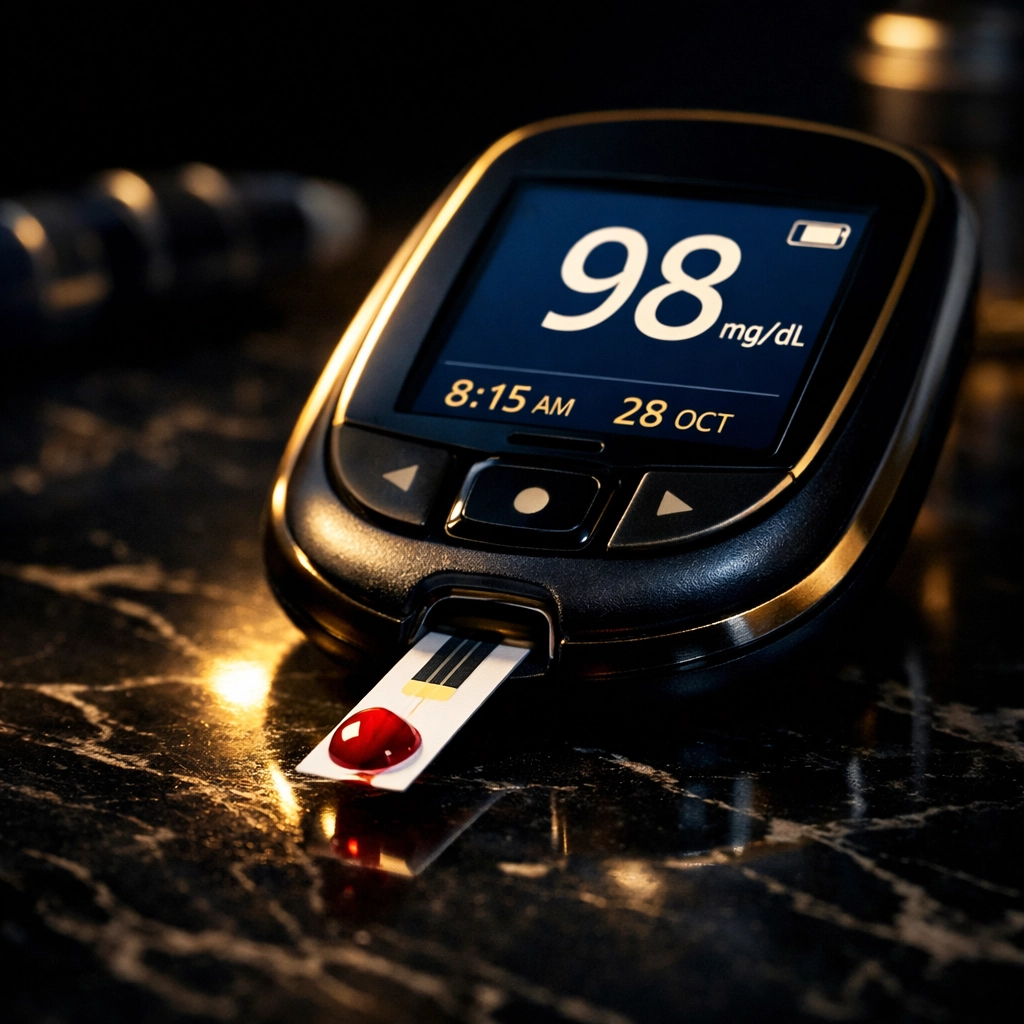 Glucose meter testing blood sugar levels for metabolic health monitoring
