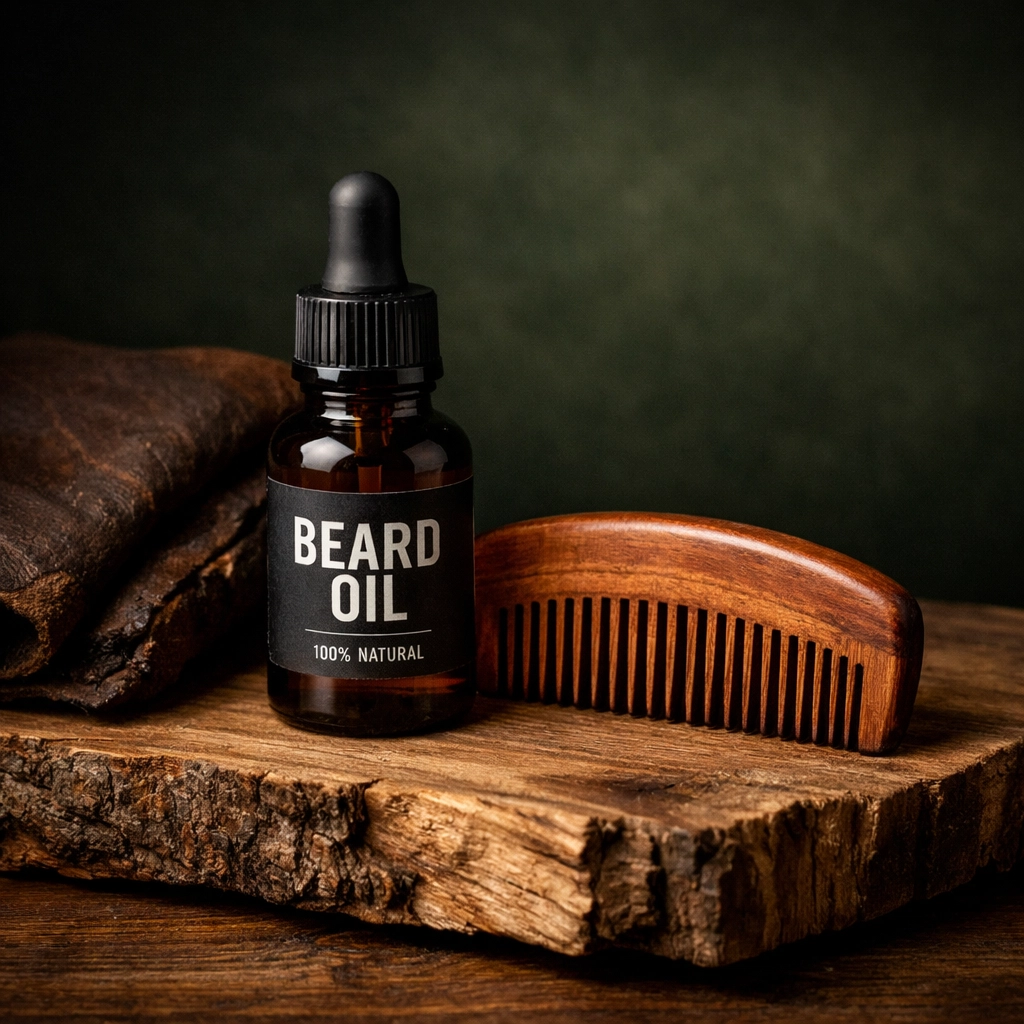 Premium beard oil bottle and wooden comb on rustic cedar wood showcasing the rugged Wild West Collection.