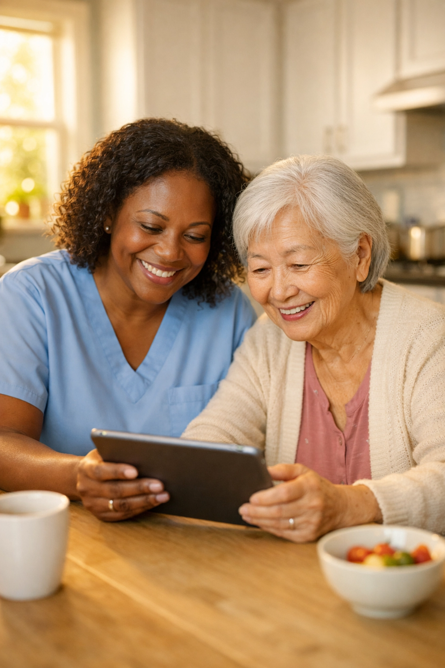 Caregiver and senior client reviewing care plan together in Fauquier County home