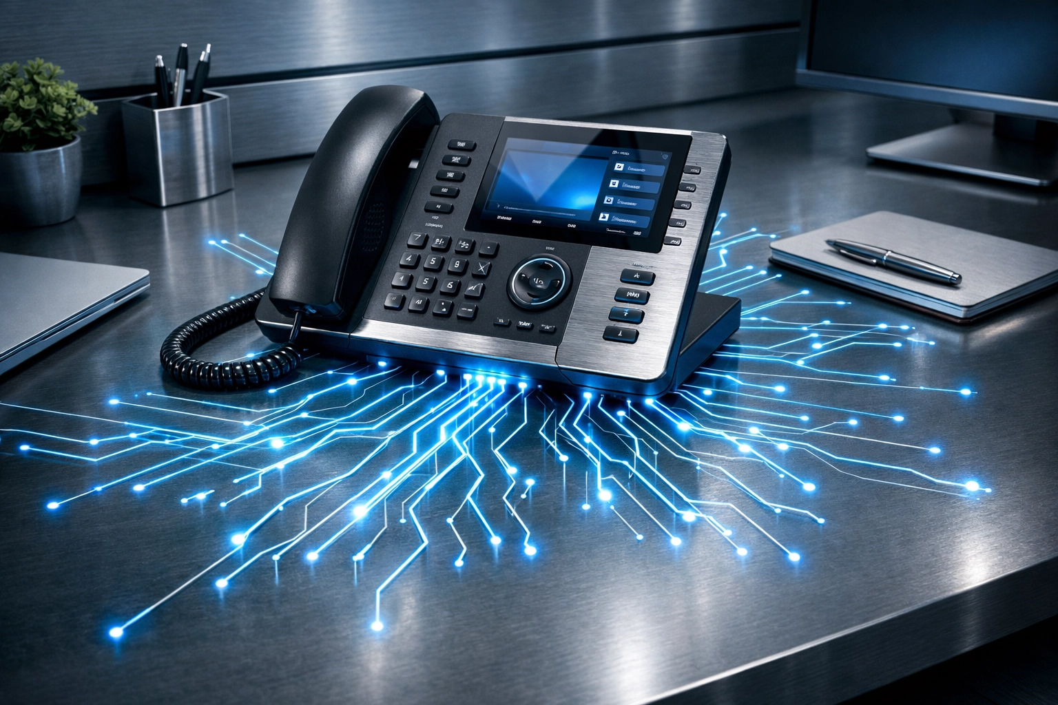 Sleek business IP phone handset illustrating high-speed network bandwidth for clear voice quality.