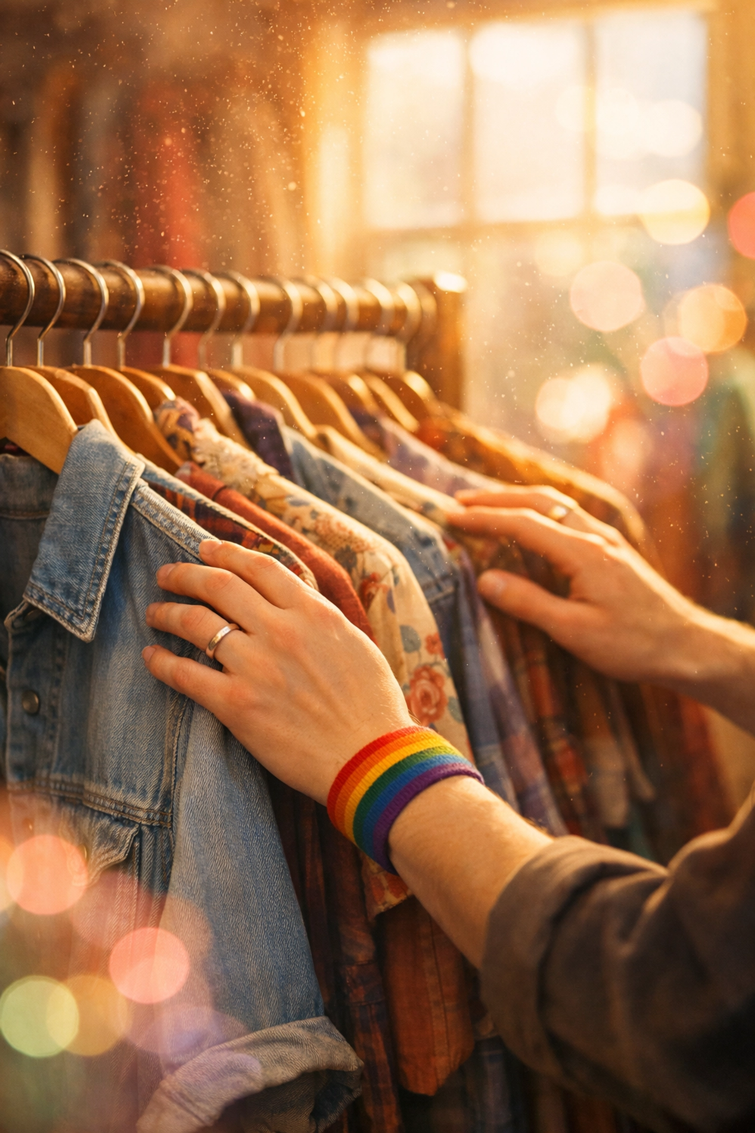 Hands browsing vintage clothing racks in sunlit thrift store searching for queer history