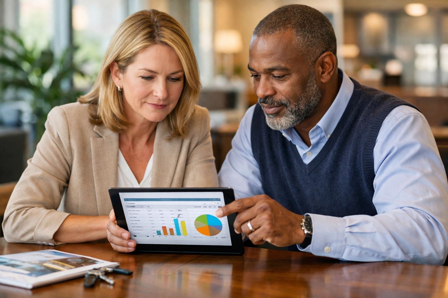 Real estate professionals reviewing a digital ledger to negotiate mobile home park storage fees.