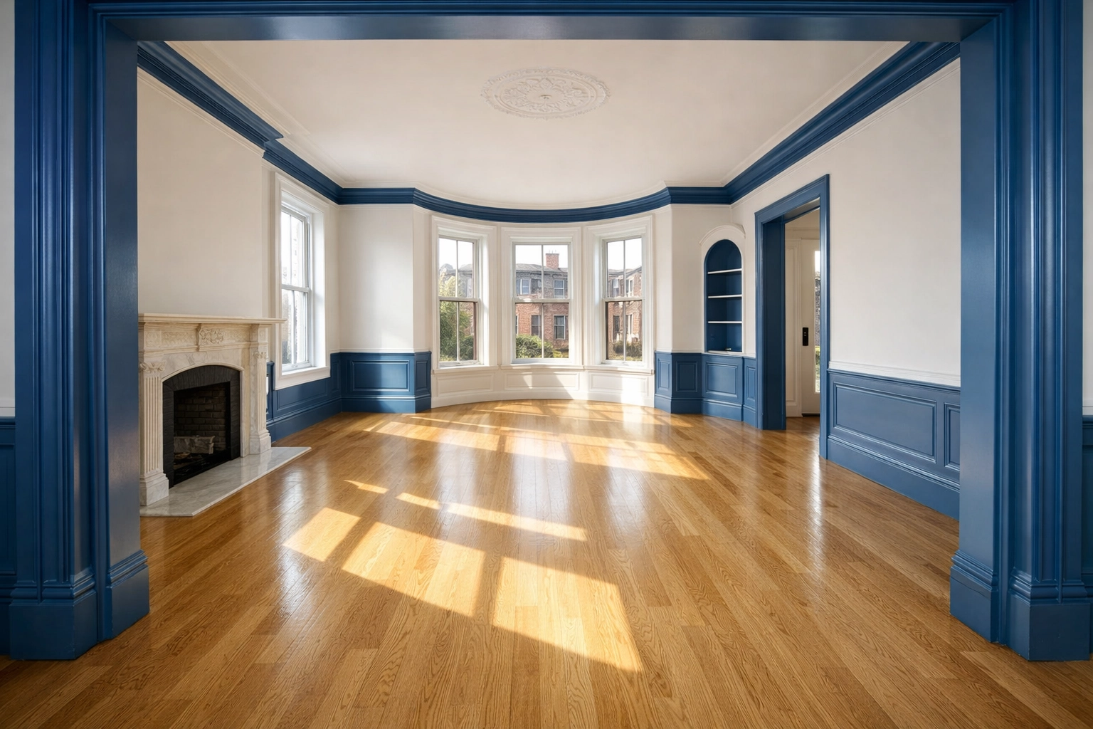 An empty, sun-drenched Boston brownstone living room with clean floors, ready for a move-in cleaning in Boston.