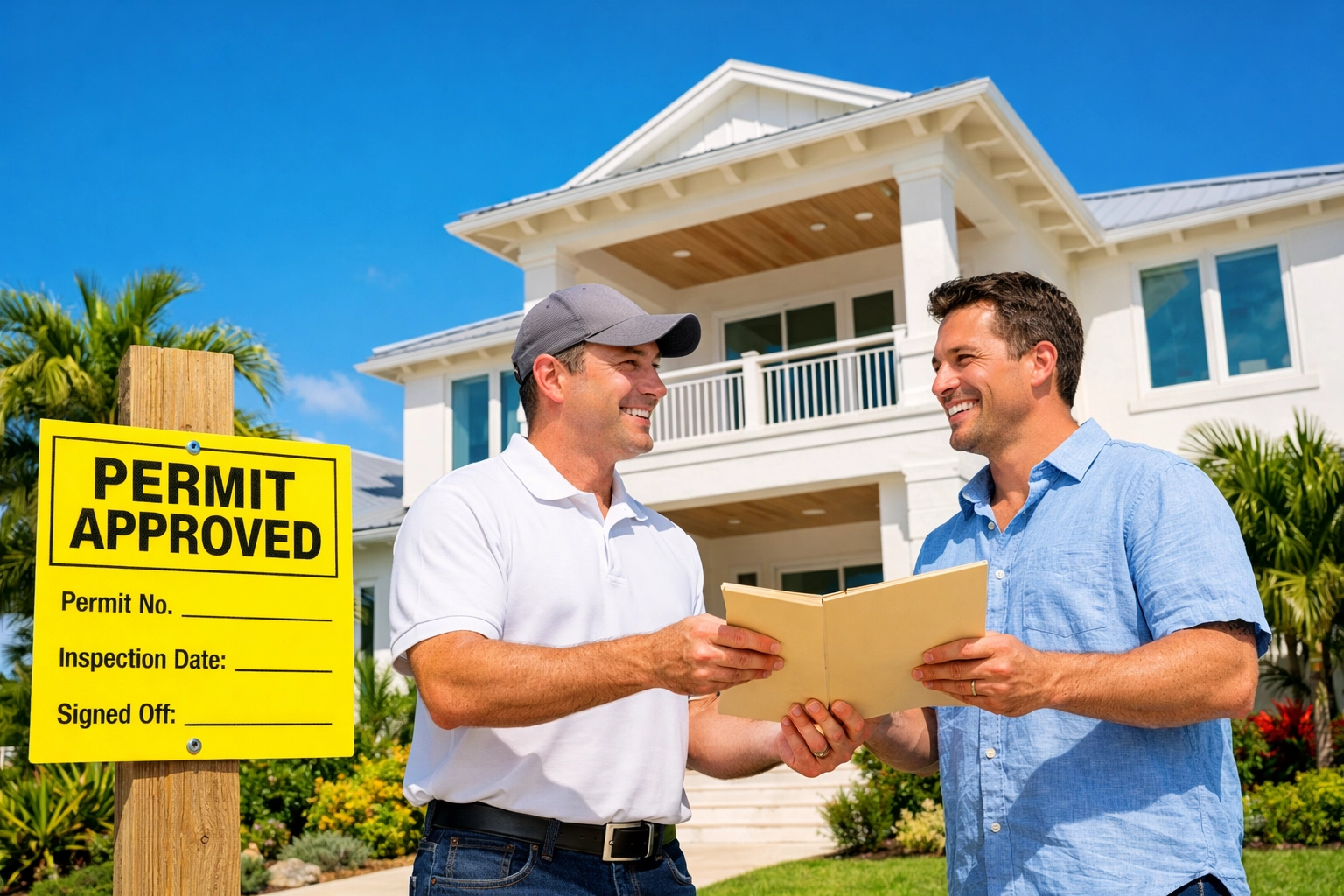 Homeowner receiving building documents from an inspector near a modern Florida home with an approved permit.