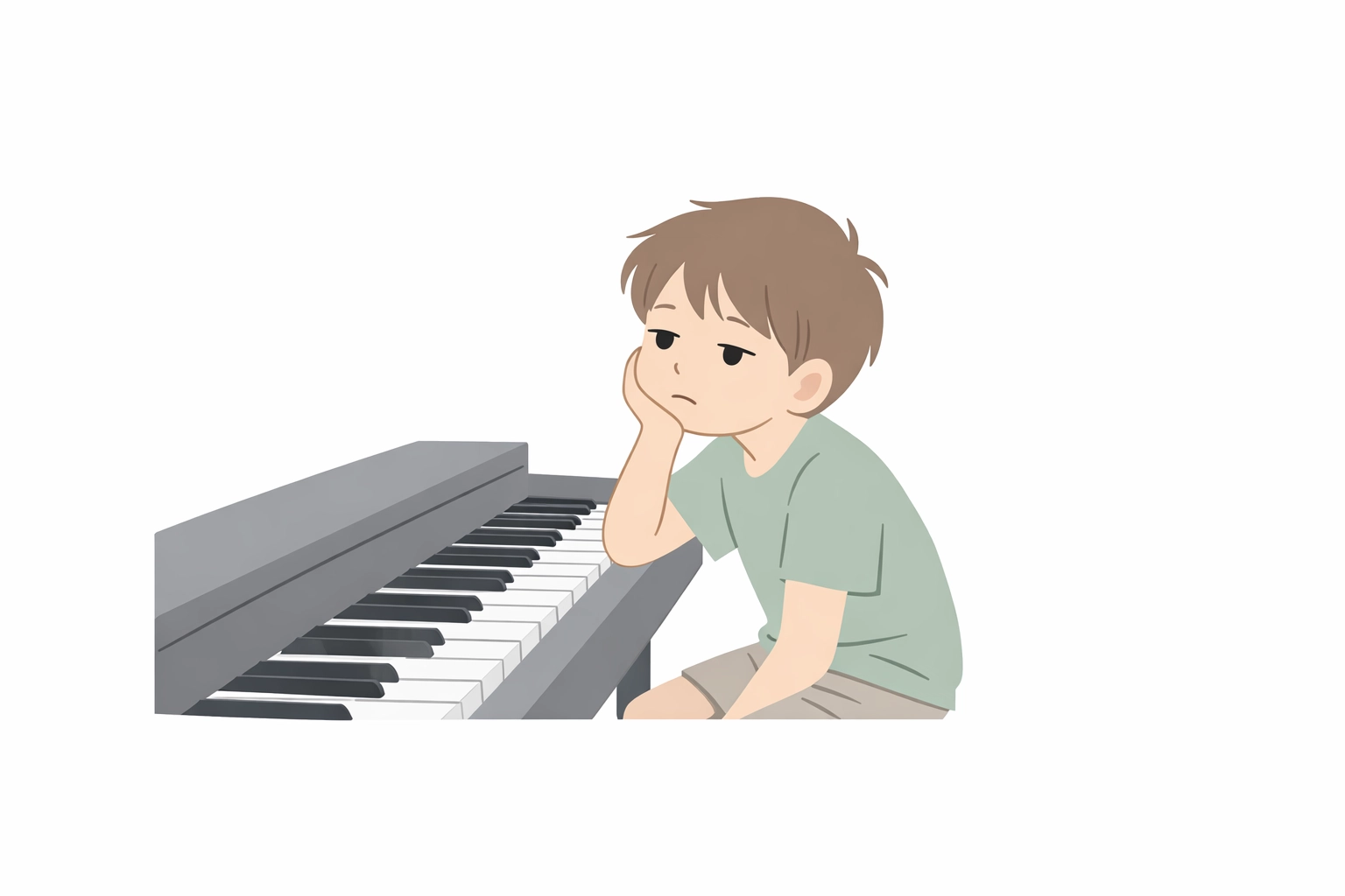 Child looking bored during traditional beginner piano lesson at keyboard