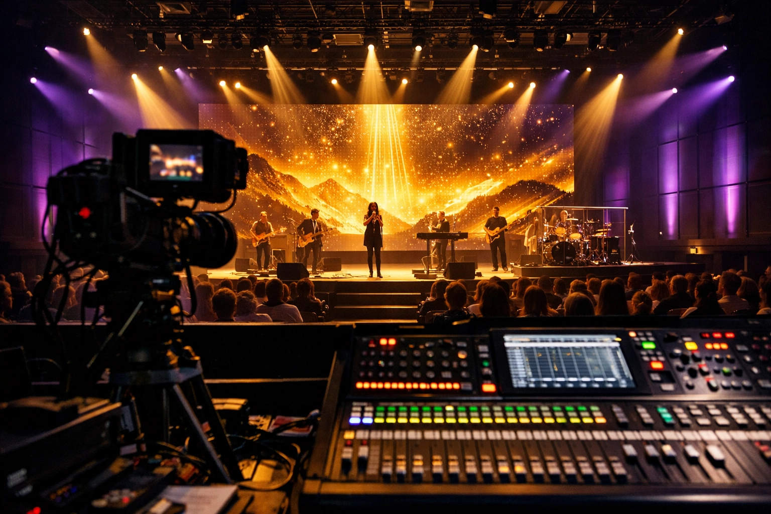 Professional sanctuary AV setup featuring high-definition LED displays and cinematic stage lighting from a tech booth.
