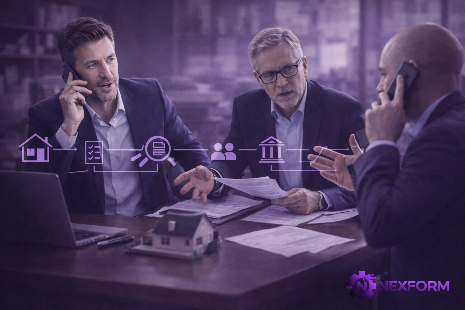 Automated communication lines connecting estate agents, solicitors, and mortgage brokers for faster property deals.