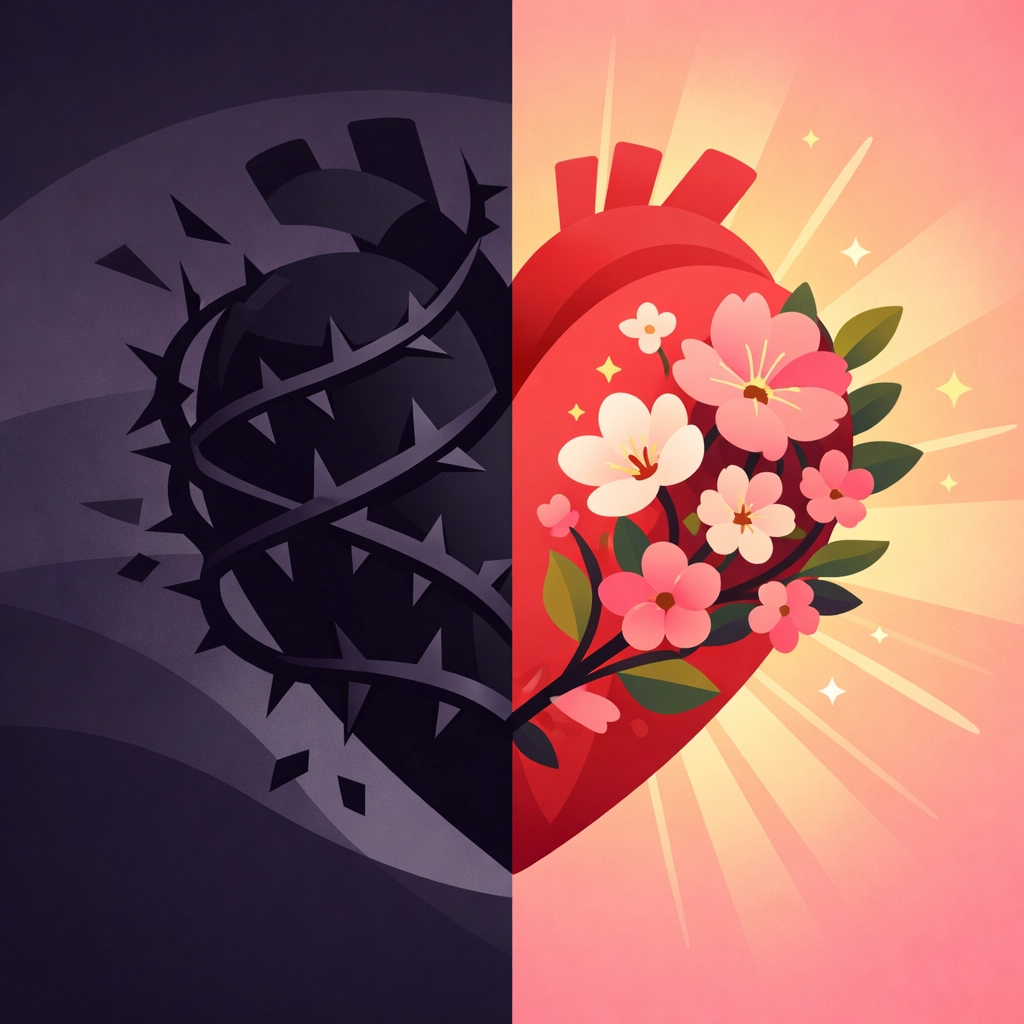 Heart divided showing bitterness transformed into forgiveness and healing