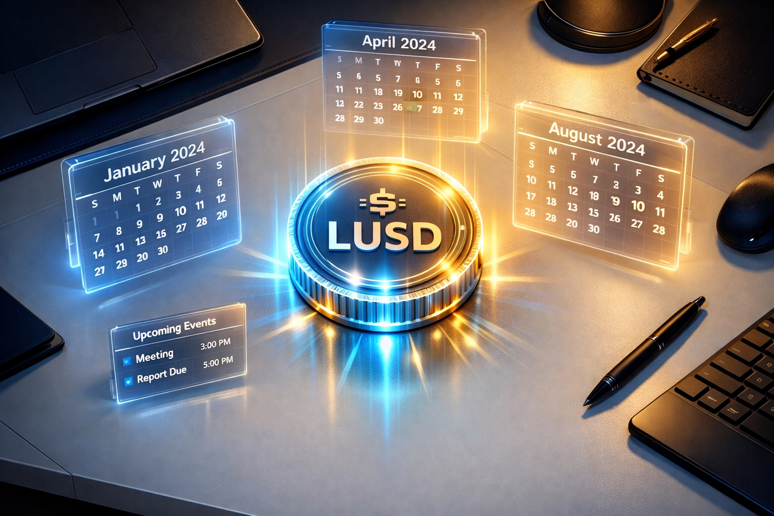 LUSD stablecoin token with calendar showing merchant timing control for crypto payments